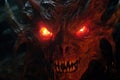 close-up of a devilish creatures face, illuminated by firelight