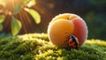 Juicy Apricot with Ladybug on Dew-Kissed Moss in Sunrise Royalty Free Stock Photo