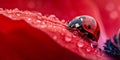 Close-Up Of Dew-Covered Red Flower Petal With Ladybug