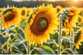 Close-Up of Dew-Kissed Sunflowers at the Golden Hour - Foreground in Sharp Focus with Glistening Water Droplets Royalty Free Stock Photo