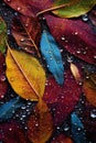 close-up of dewdrops on colorful fallen leaves