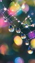Close-up of dewdrops on a spider web reflecting vibrant colors in a soft bokeh background.