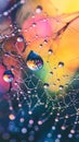 Close-up of dewdrops on a spider web reflecting vibrant colors in a soft bokeh background.