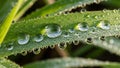 Close-up of dewdrops on a vibrant green leaf, displaying surface tension and reflections. The Royalty Free Stock Photo