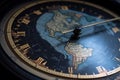 Close-up of the dial of a vintage pocket watch with world map on the dial. Earth\'s Time Concept. Generative AI Royalty Free Stock Photo