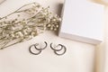 Close up of diamond earrings and gift box mock up copy space - handmade jewellery