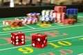 Close up of dice on a craps table. Gambling concept. 3d illustration