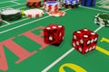 Close up of dice on a craps table. Gambling concept. 3d illustration