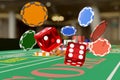 Close up of dice rolling and chips on a craps table. Gambling concept. 3d illustration
