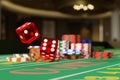 Close up of dice rolling on a craps table. Gambling concept. 3d illustration