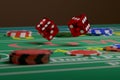 Close up of dice rolling on a craps table. Random concept. 3d illustration