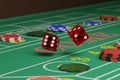 Close up of dice rolling on a craps table. Random concept. 3d illustration