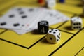 Close up of dices and cards on yellow game board