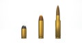 Close up 3 different category gun bullets mock up