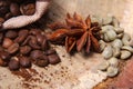 Close-up different types of coffee beans on wooden spoons, green coffee, anise star, macro, set