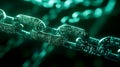 Close-Up Of Digital Blockchain Chain Links Illuminated In Green, Representing Decentralized Technology And Secure Data