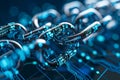 Close-up of a digital chain with blue binary code highlighting blockchain security features, Illustrate the security features of Royalty Free Stock Photo