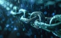A close-up of a digital chain representing blockchain technology and data security in a futuristic setting