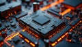 Close up of digital circuit board. Futuristic glowing hardware shows computer tech, electronics with orange neon lights. Royalty Free Stock Photo