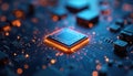 Close up digital circuit board with glowing orange energy particles. Central microchip powers complex electronic system. Tech Royalty Free Stock Photo