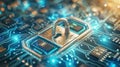 Cyber Security Lock on Circuit Board for Network Protection and Digital Data Safety Royalty Free Stock Photo