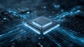 Close-up digital rendering of microprocessor on motherboard with glowing blue data lines, illustrating high-speed Royalty Free Stock Photo