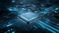 Close-up digital rendering of microprocessor on motherboard with glowing blue data lines, illustrating high-speed Royalty Free Stock Photo