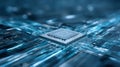 Close-up digital rendering of microprocessor on motherboard with glowing blue data lines, illustrating high-speed Royalty Free Stock Photo