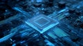 Close-up digital rendering of microprocessor on motherboard with glowing blue data lines, illustrating high-speed Royalty Free Stock Photo