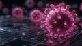 Close-up of a digital virus represented as a glowing pink virus particle on a blurred circuit board.