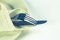 Close up dinning silverware fork and knife with dish on Royalty Free Stock Photo