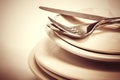 close up dinning silverware fork , spoon and knife with dish on Royalty Free Stock Photo