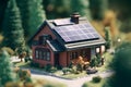 close up of a diorama house with a solar panel on the roof, Generative AI