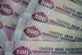 Close-up of 500 dirhams banknotes, the official currency of the United Arab Emirates.