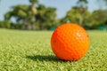 Close up the dirt golf ball on grass with blurred green golf course.