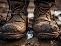 close - up of a dirty boots on the ground, boots, mud, puddle Royalty Free Stock Photo