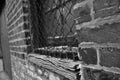 Close up of a dirty broken boarded up window sill on an abandoned building black and white Royalty Free Stock Photo