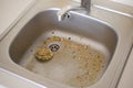 Close up on dirty clogging kitchen sink drain with food particles