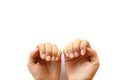 Close up dirty hand nails of Asian woman on white background have copy space for put text. Concept unhealthy Royalty Free Stock Photo