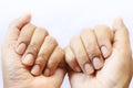 Close up dirty hand nails of Asian woman on white background have copy space for put text Royalty Free Stock Photo