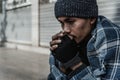 Close-up of dirty hands of beggar. Problems of homeless person in the city concept Royalty Free Stock Photo