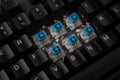 Close-up of a dirty mechanical keyboard with blue switches, with some keycaps removed and lot of debris visible