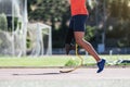 Close up disabled man athlete with leg prosthesis.