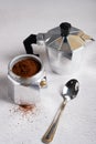 Close-up of a disassembled geyser coffee maker with poured natural coffee Royalty Free Stock Photo