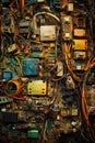 close-up of discarded electronic devices and cables