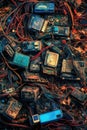 close-up of discarded electronic devices and cables Royalty Free Stock Photo