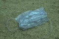 Close-up, discarded used medical face mask lies underwater on the sandy bottom. Budva, Montenegro