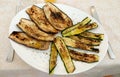 Close up of dish of grilled eggplant and zucchini