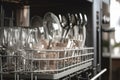 close-up of dishwasher with clean dishes and glasses Royalty Free Stock Photo