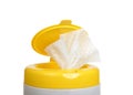 Close up on disinfecting wipes in pop up container, isolated Royalty Free Stock Photo